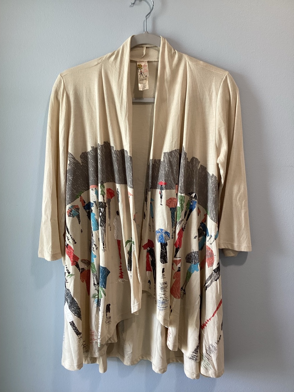 Beige Open Front Cardigan with Abstract Multicolor Print